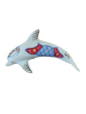 Lenox Porcelain Dolphin Figurine, Asian Inspired Rainbow Flower Gold Accents